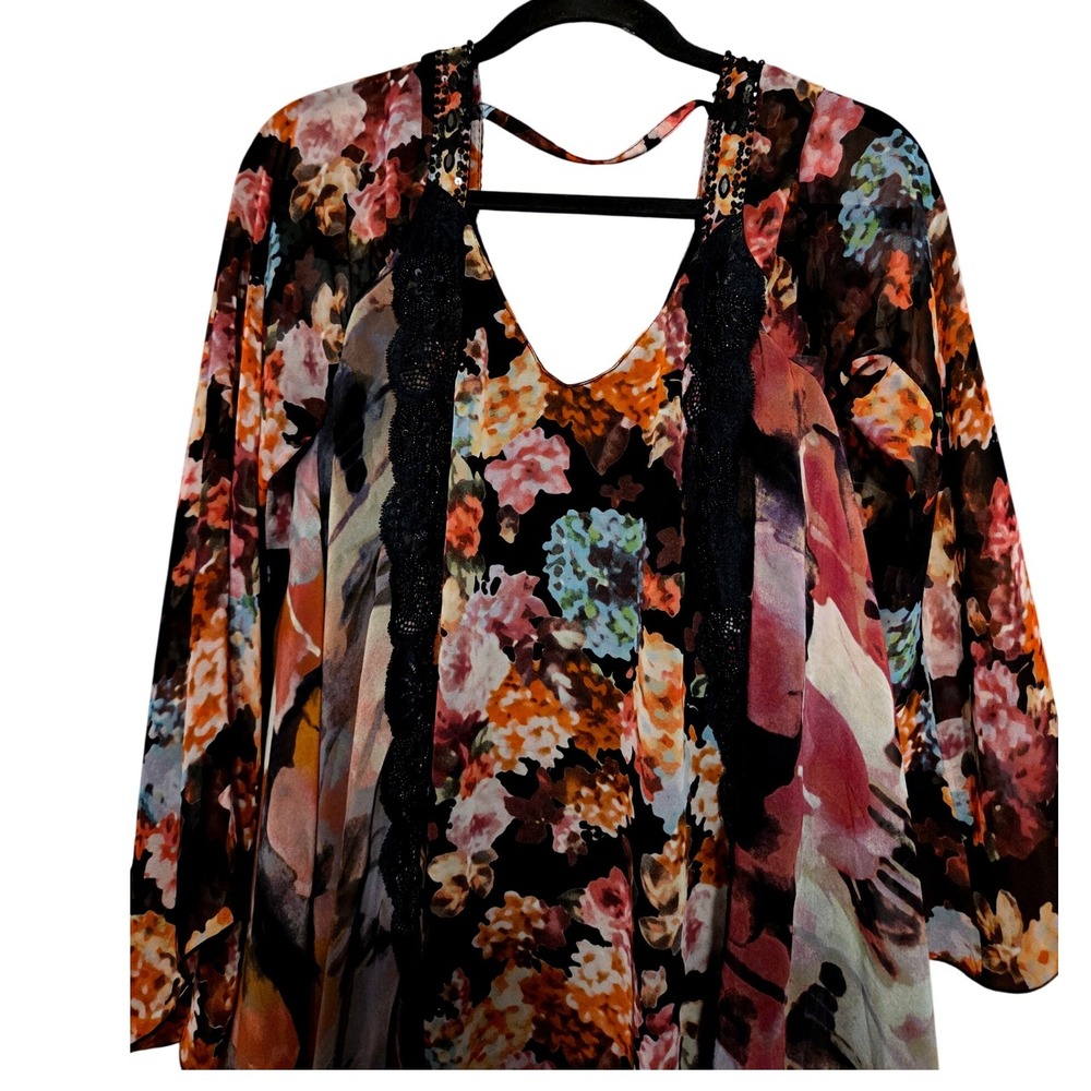 Faith Floral Chiffon Tunic Women S Black Modest Boho Lace Trim Strappy Back
